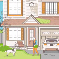 Illustration of happy woman with dog leaving house