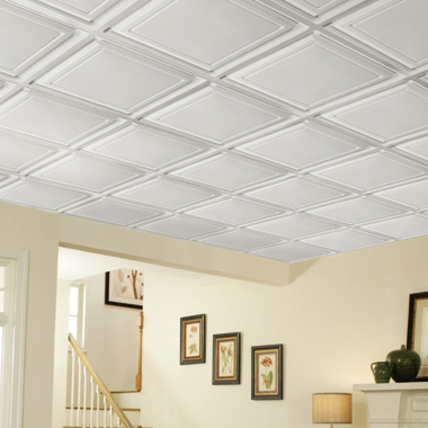 Coffered ceiling tiles in basement