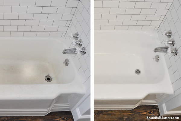 Before and after a tub was reglazed by homeowners