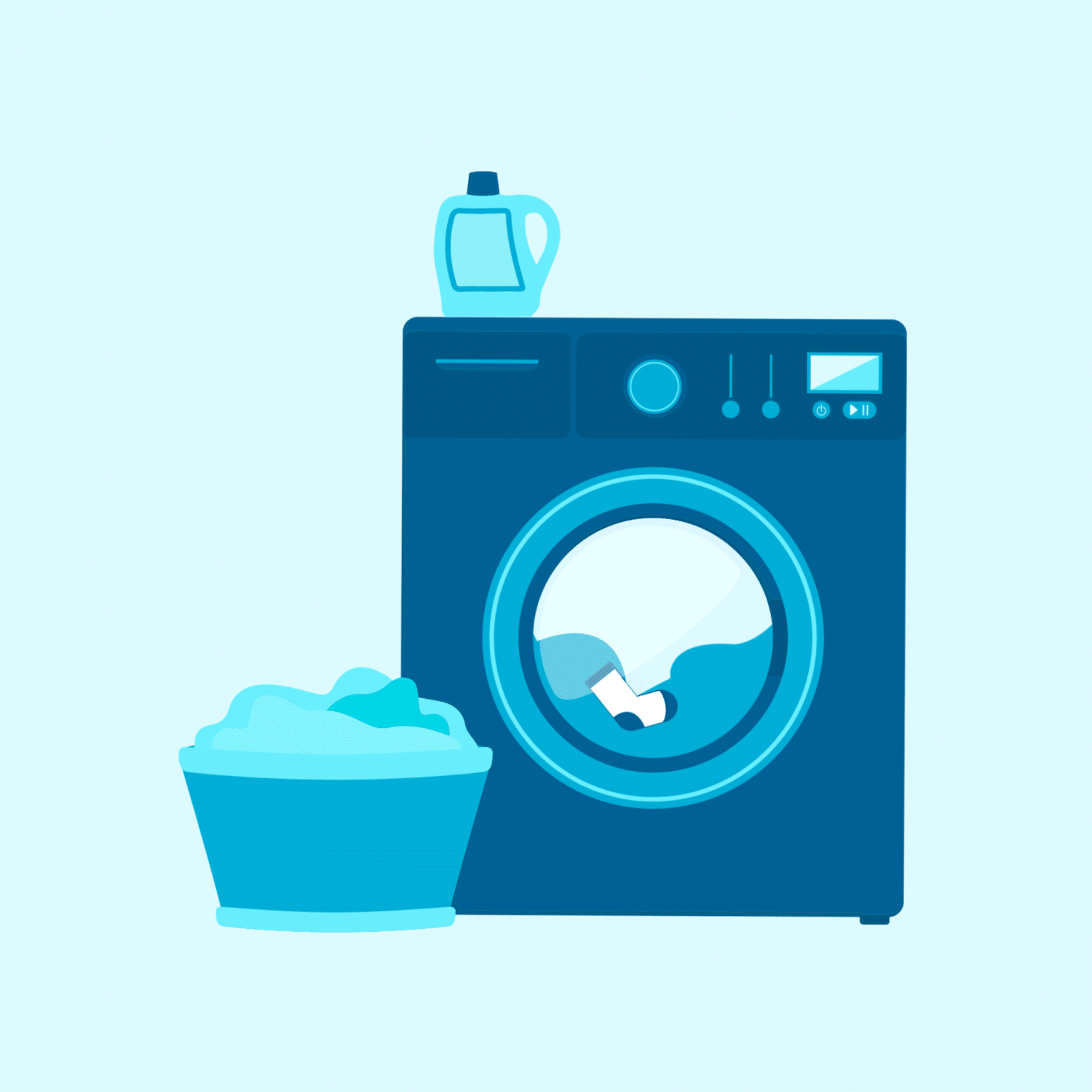 homemade laundry detergent has less waste and costs less money graphic of a washing machine with clothes inside and a basket of laundry in blue hues