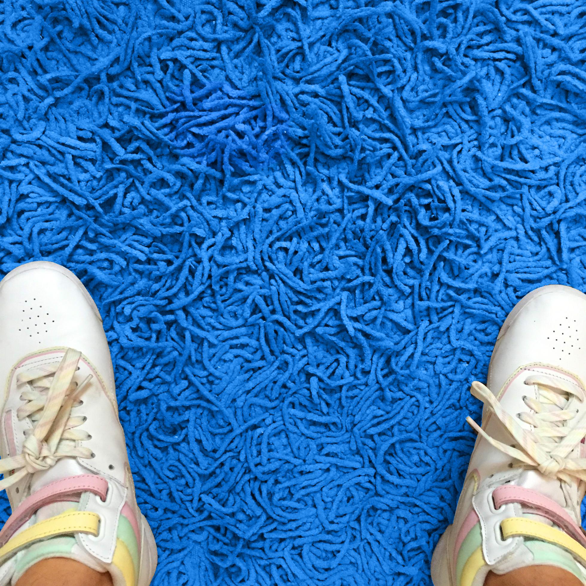 Overhead view of white sneakers planted on blue shag carpet