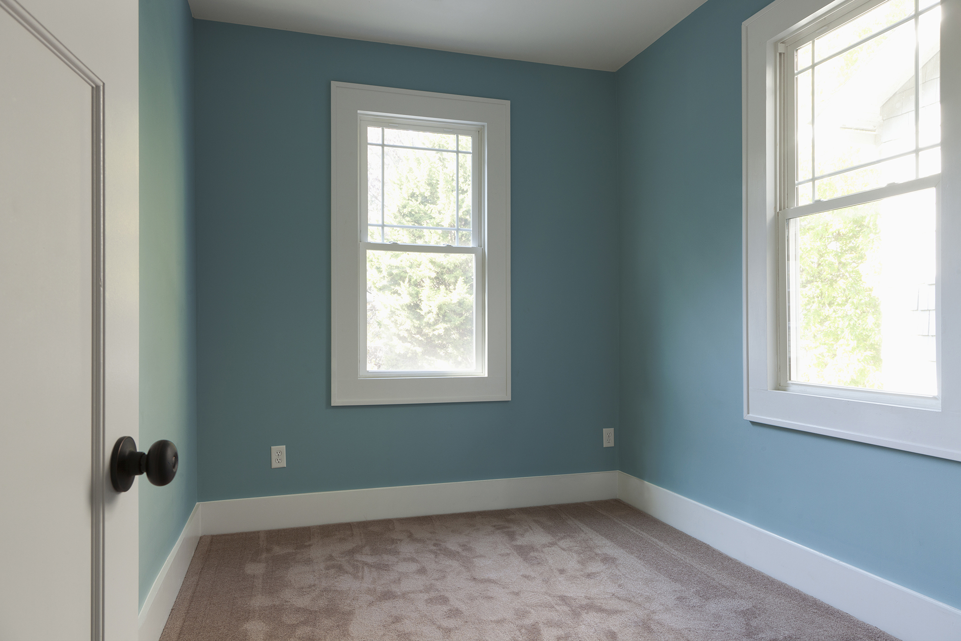 White door opening to empty blue room with beige carpet