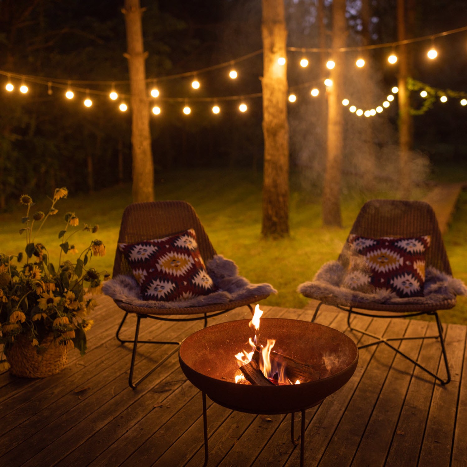 A cozy backyard patio with a fire pit and string lights.