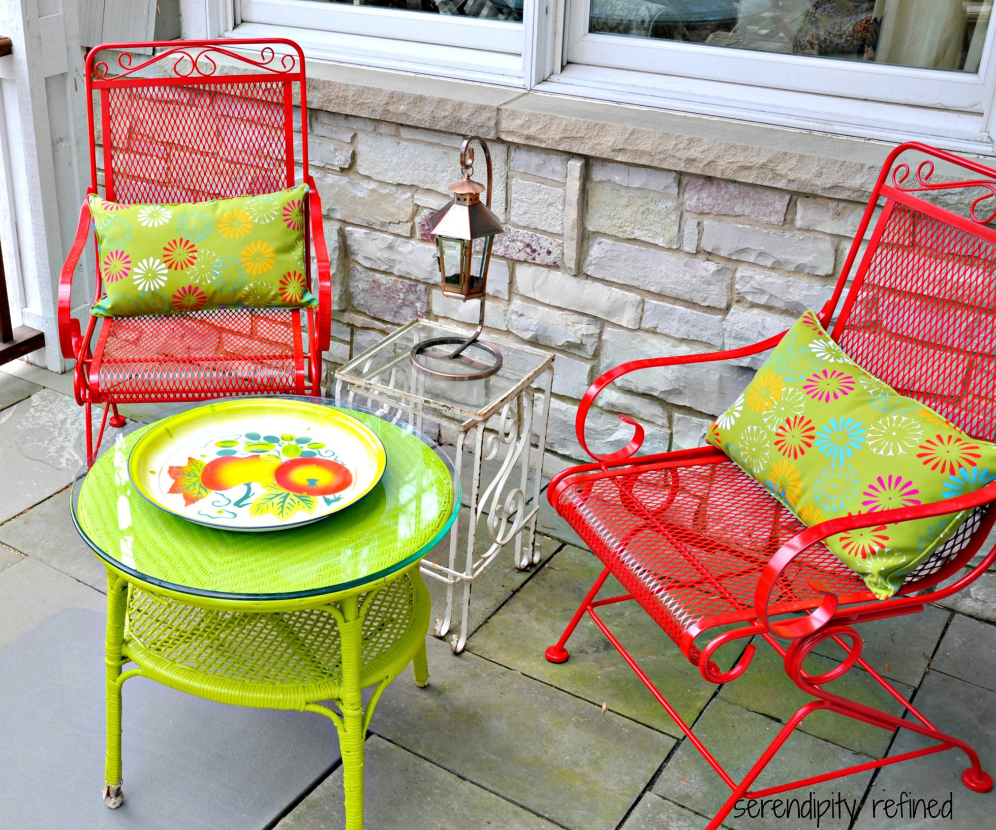 Bright red and green painted patio furniture