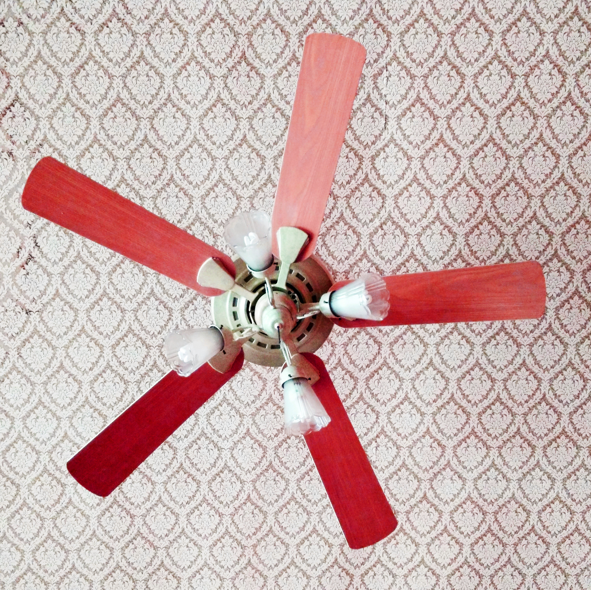 Red ceiling fan with patterned wallpaper